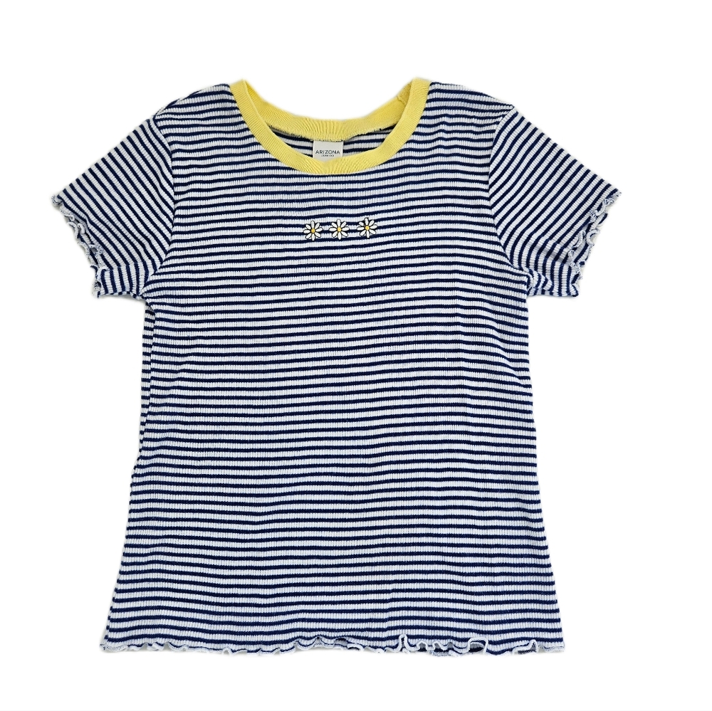 Arizona Navy Striped Flower Tee Yellow Trim Girls Small 7/8